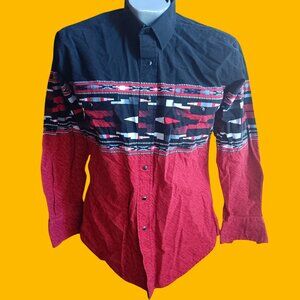 Vintage Western Shirt Medium Mens Panhandle Slim Red & Black Aztec Print 1990s